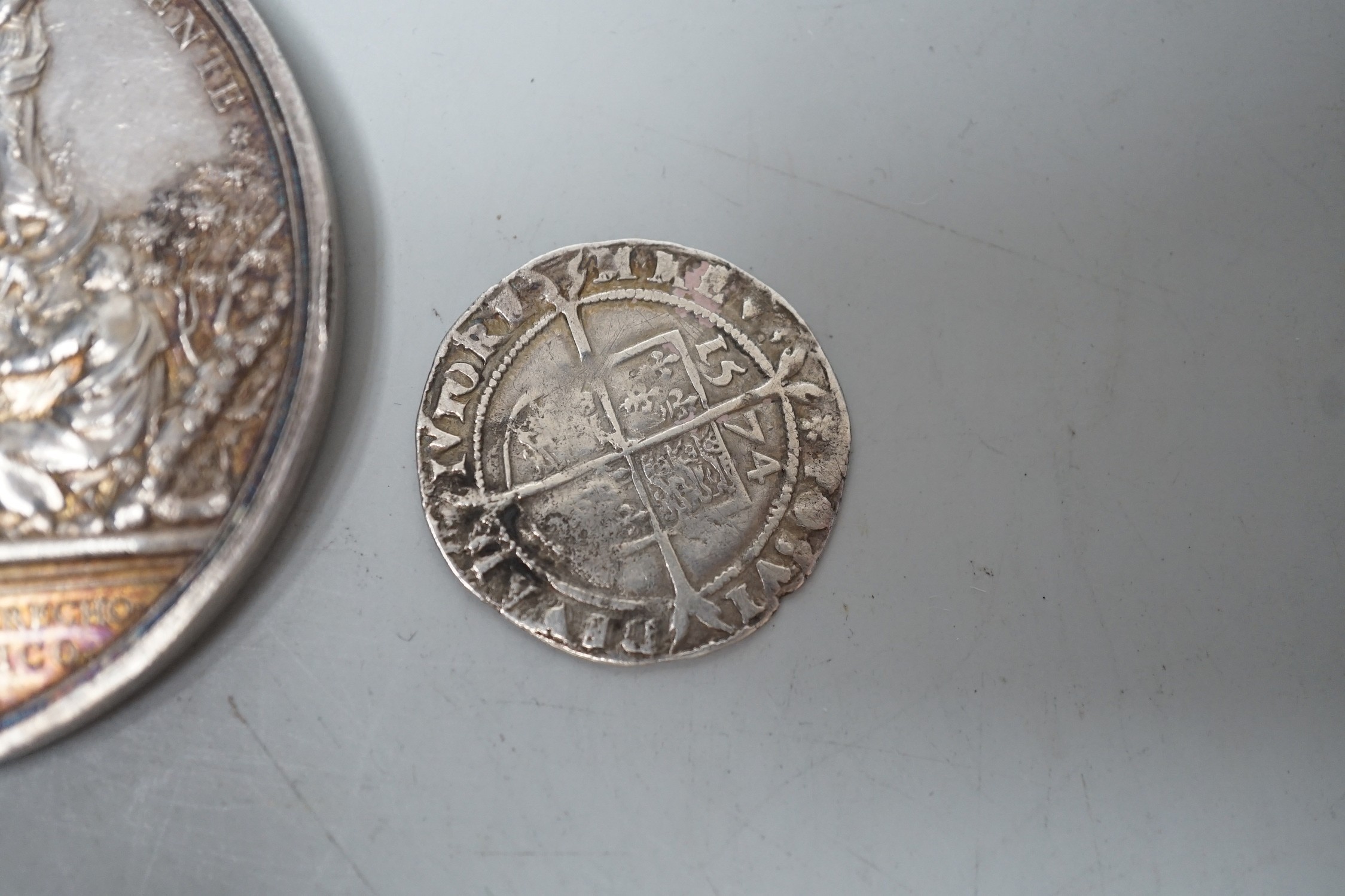 Charles III of Spain silver commemorative medal 1778. - Carlos III. Premio de la Real Academia de Derecho Español y Público. (MHE. 365) (RAH. 312-314) (Ruiz Trapero 95) (V. 51) (V.Q. 14126) (Villena 139), 59 mm and an El